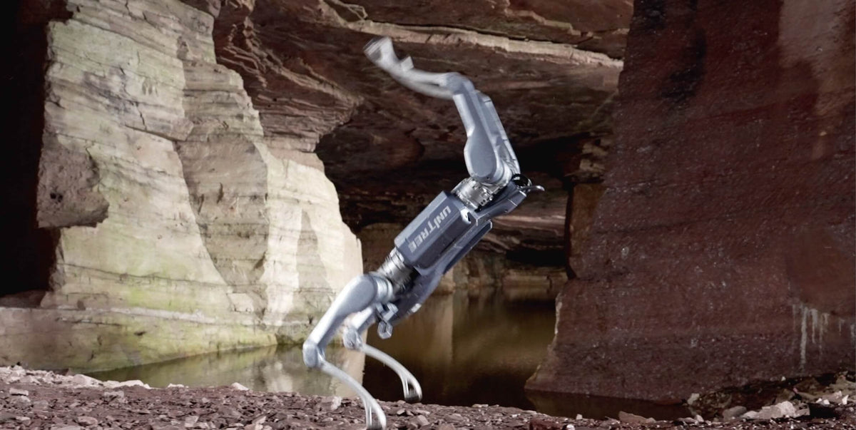 Unitree A2 in a handstand in a quarry cave